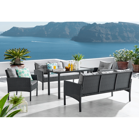 Set mobilier gradina LERON, negru/gri, ratan/poliester/otel/sticla temperata