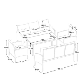 Set mobilier gradina LERON, negru/gri, ratan/poliester/otel/sticla temperata