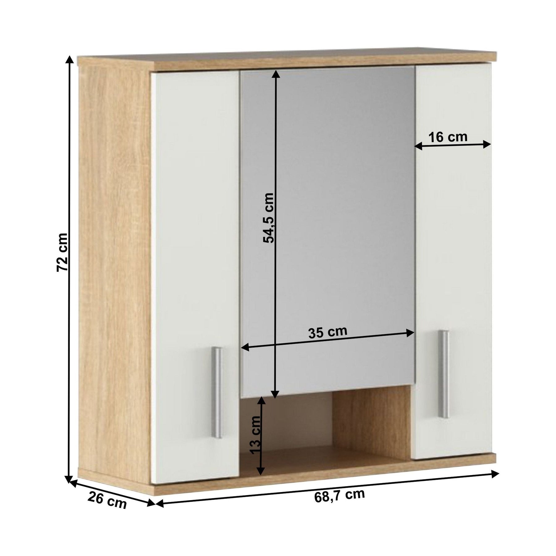 Dulap de baie suspendat cu oglinda LESSY NEW 01, cu 2 usi, stejar sonoma/alb mat, 68.7x26x72 cm