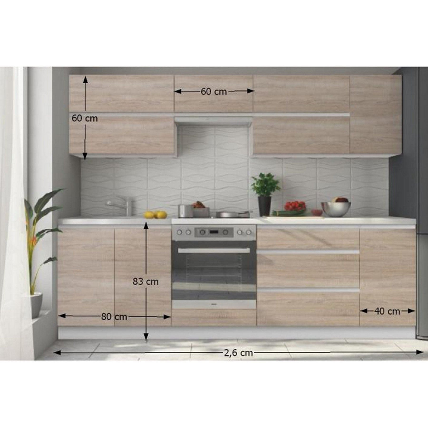 Set bucatarie LINE, alb/stejar sonoma, PAL laminat, 260 cm