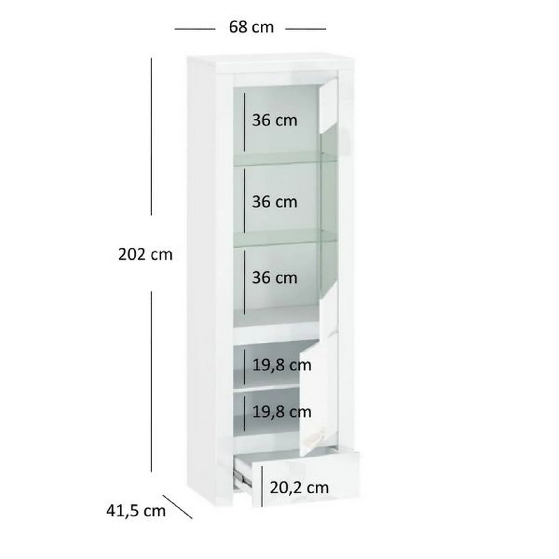 Vitrina living moderna LINGO, alb lucios, PAL laminat, cu iluminare LED, 68x42x202 cm