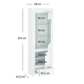 Vitrina living moderna LINGO, alb lucios, PAL laminat, cu iluminare LED, 68x42x202 cm