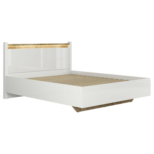 Pat ALAMEDA, alb/stejar, PAL, cu iluminare LED, 165.5x208.5x104 cm