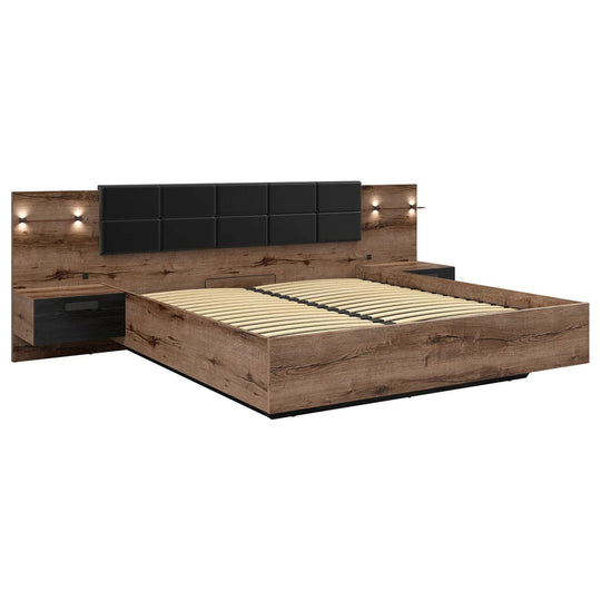 Pat KASSEL, nuc/negru, PAL/piele ecologica, cu somiera rabatabila, spatiu pentru depozitare si iluminare LED, 285x206x98.5 cm