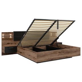 Pat KASSEL, nuc/negru, PAL/piele ecologica, cu somiera rabatabila, spatiu pentru depozitare si iluminare LED, 285x206x98.5 cm