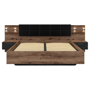 Pat KASSEL, nuc/negru, PAL/piele ecologica, cu somiera rabatabila, spatiu pentru depozitare si iluminare LED, 285x206x98.5 cm