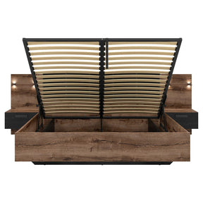 Pat KASSEL, nuc/negru, PAL/piele ecologica, cu somiera rabatabila, spatiu pentru depozitare si iluminare LED, 285x206x98.5 cm