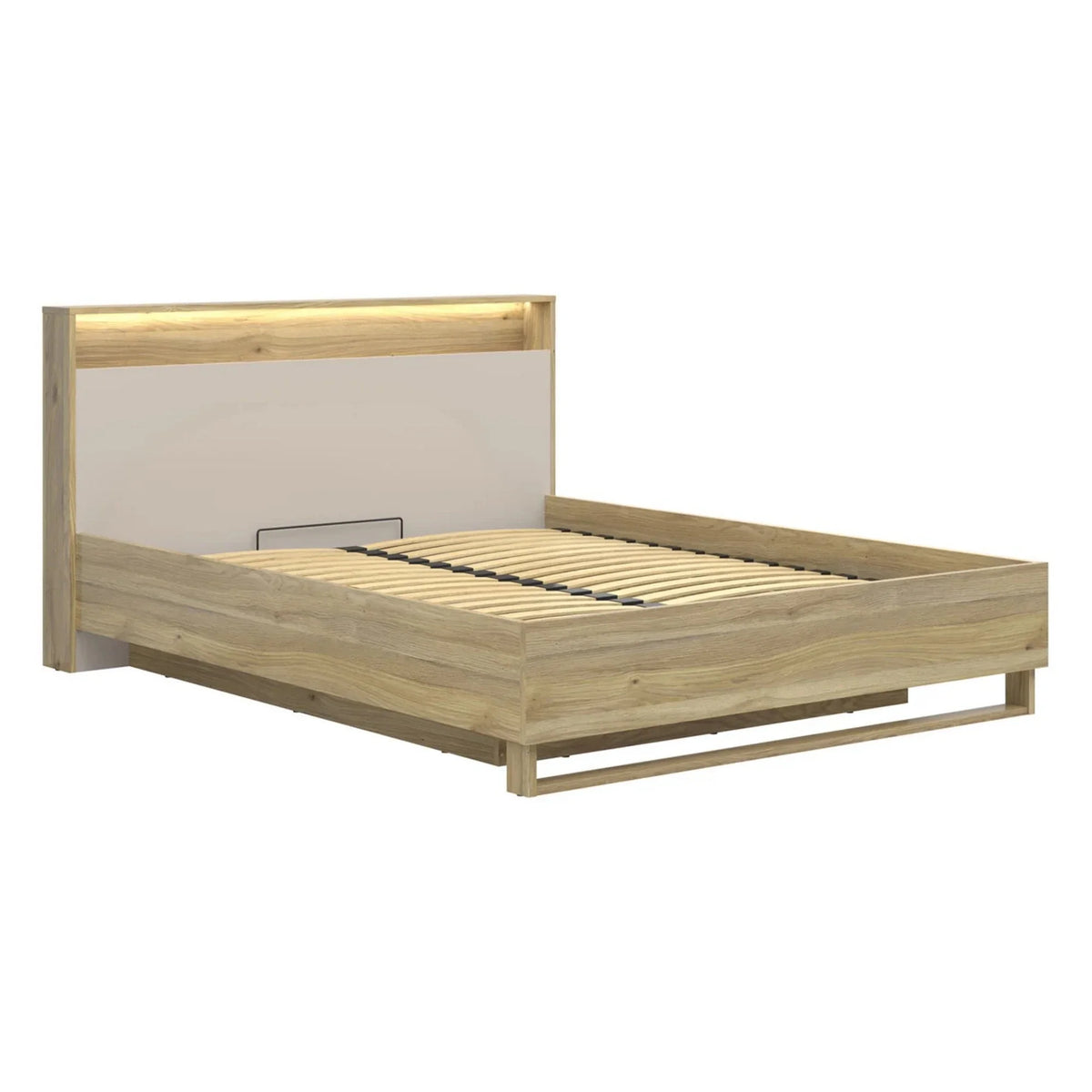 Pat DALVA 160x200, stejar/casmir, PAL, cu somiera, lada depozitare si iluminare LED