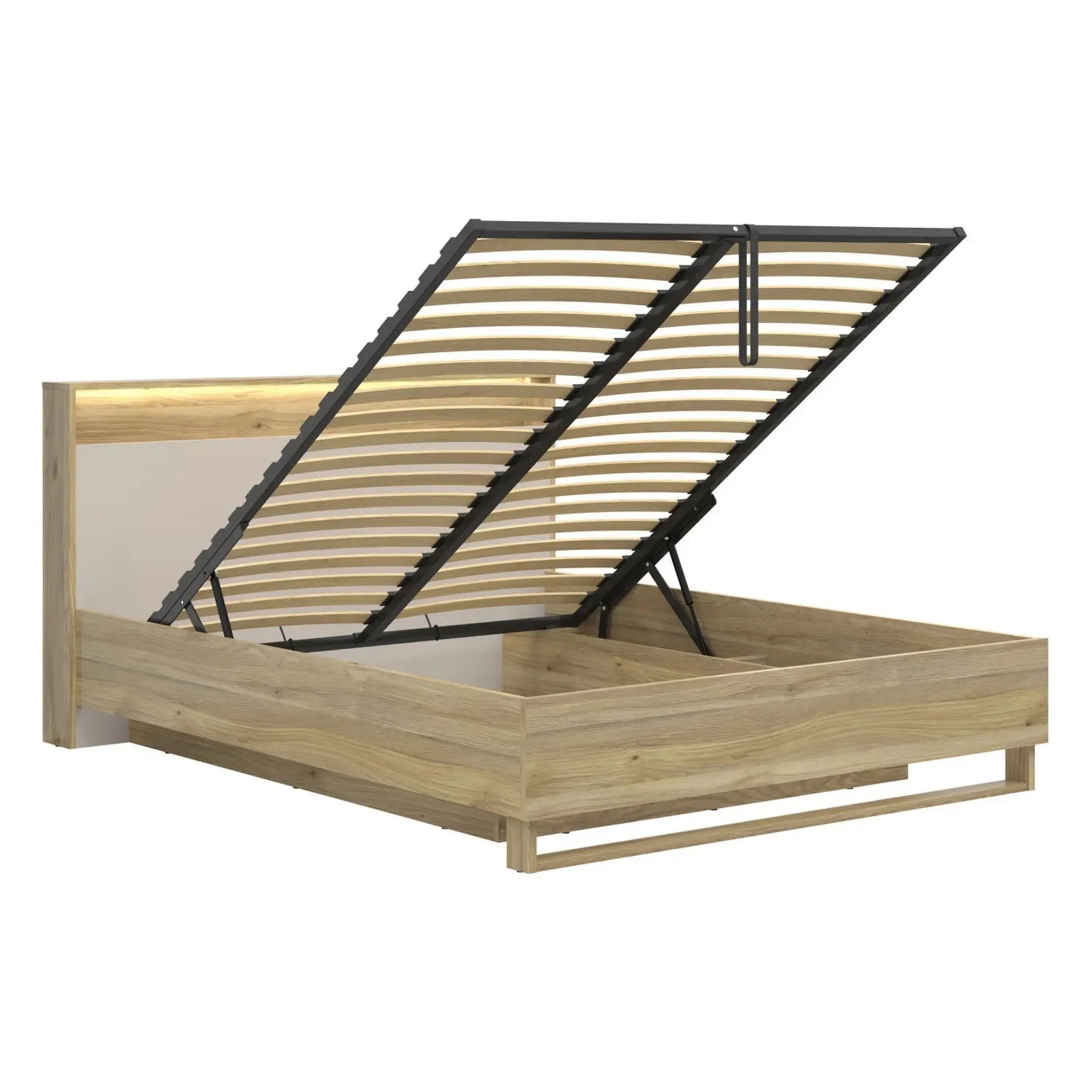 Pat DALVA 160x200, stejar/casmir, PAL, cu somiera, lada depozitare si iluminare LED