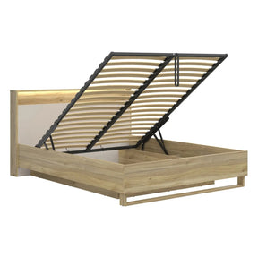Pat DALVA 160x200, stejar/casmir, PAL, cu somiera, lada depozitare si iluminare LED