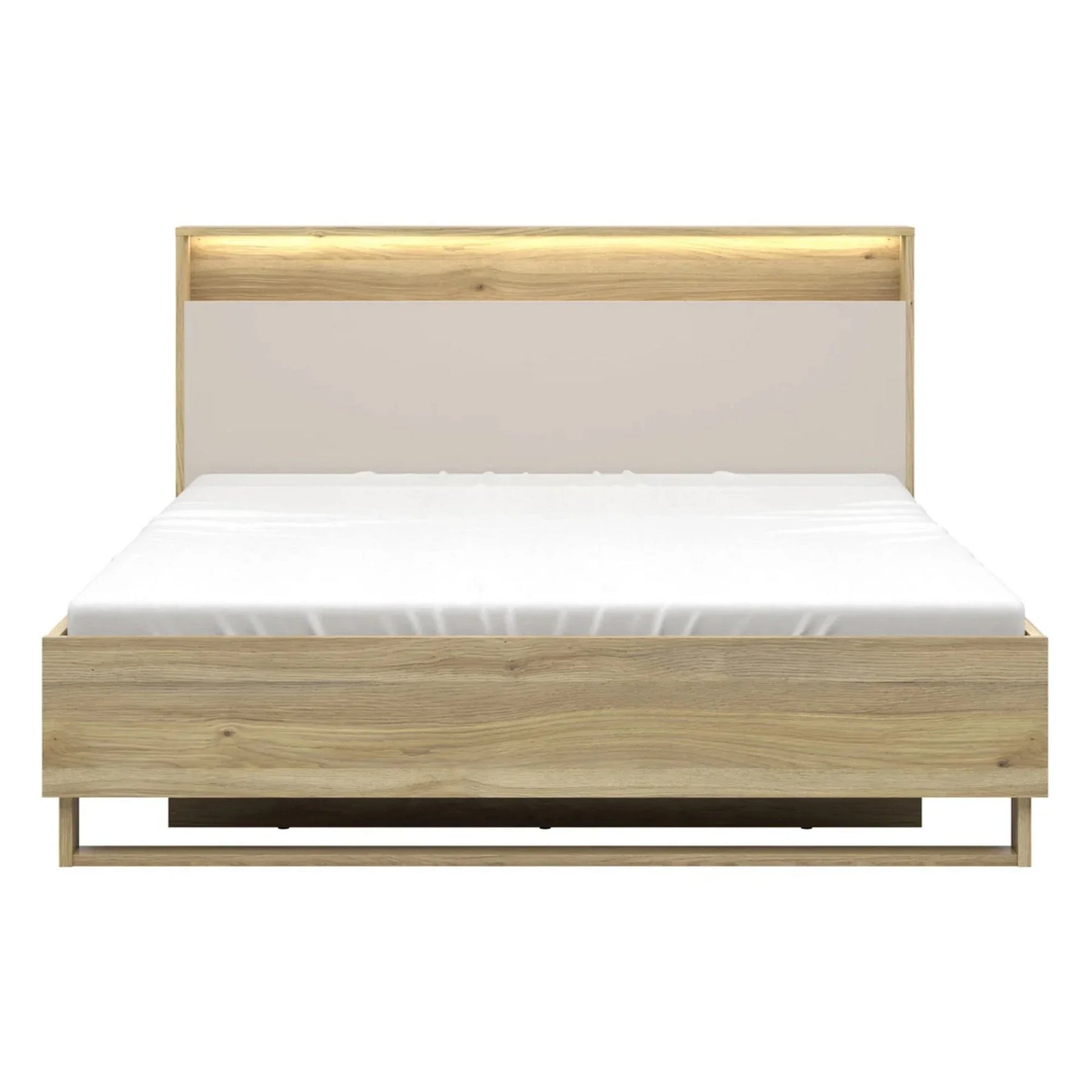Pat DALVA 160x200, stejar/casmir, PAL, cu somiera, lada depozitare si iluminare LED