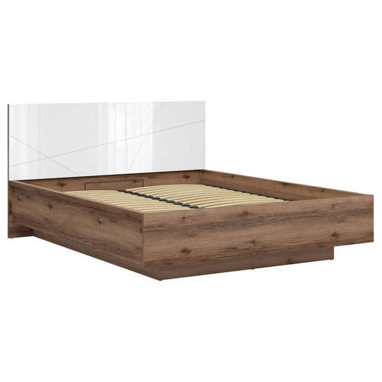 Pat FORN 160x200, stejar inchis/alb lucios, PAL laminat, cu somiera si lada depozitare