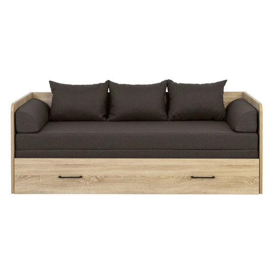 Pat TETRIX 80/160x200, stejar sonoma/maro, PAL/stofa, cu saltea extensibila si spatiu depozitare