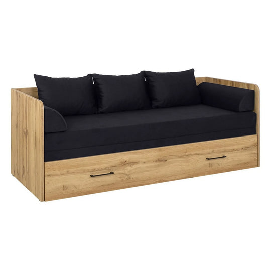Pat TETRIX 80/160x200, stejar wotan/negru, PAL/stofa, cu saltea extensibila si spatiu depozitare