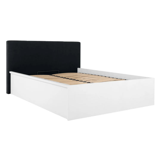 Pat TETRIX 140x200, alb lucios/negru, PAL/stofa, cu somiera si spatiu depozitare