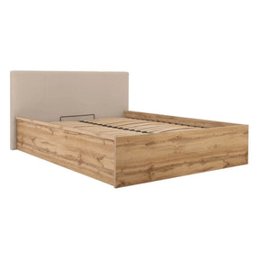 Pat TETRIX 140x200, stejar wotan/bej, PAL/stofa catifelata, cu somiera si spatiu depozitare