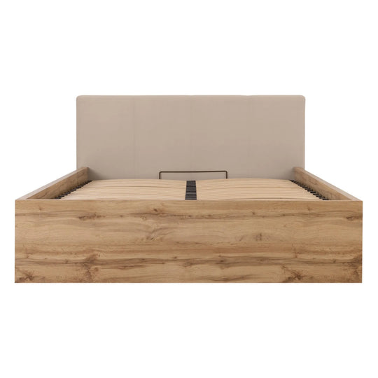Pat TETRIX 140x200, stejar wotan/bej, PAL/stofa catifelata, cu somiera si spatiu depozitare