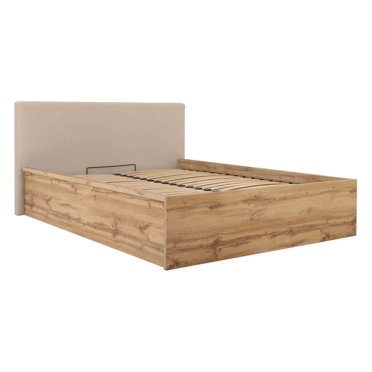 Pat TETRIX 160x200, stejar wotan/bej, PAL/stofa catifelata, cu somiera si spatiu depozitare