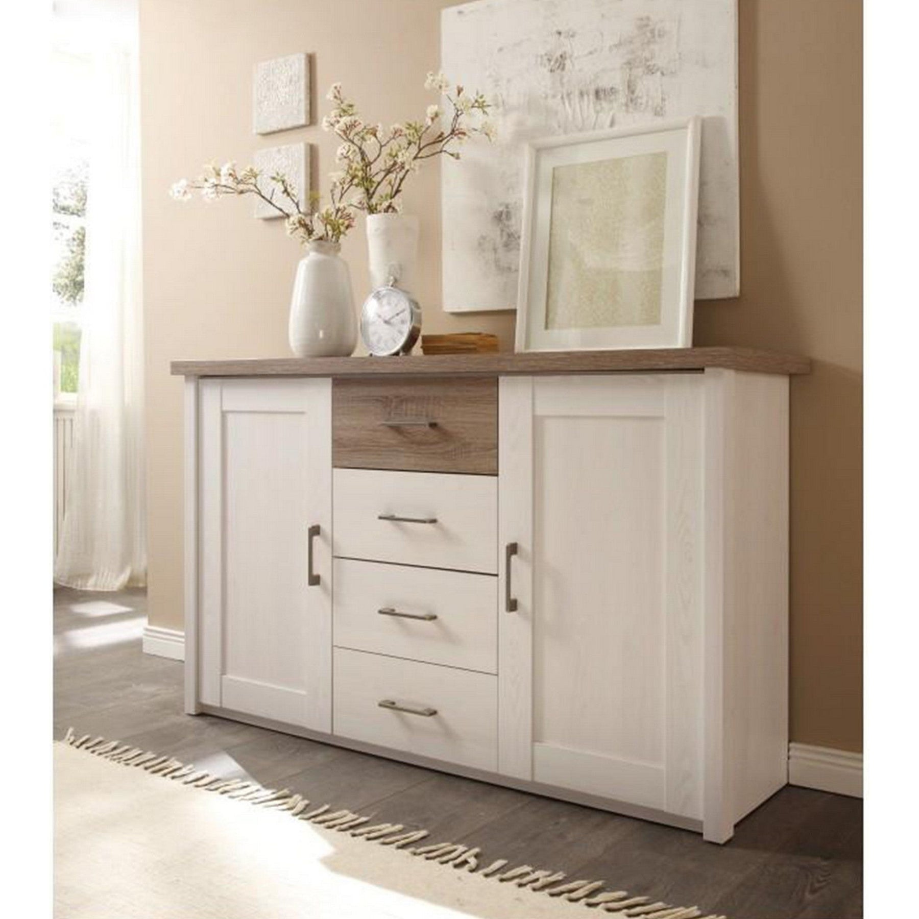 Comoda LUMERA, DTD laminat, pin alb/stejar sonoma trufa, 150x42x90 cm