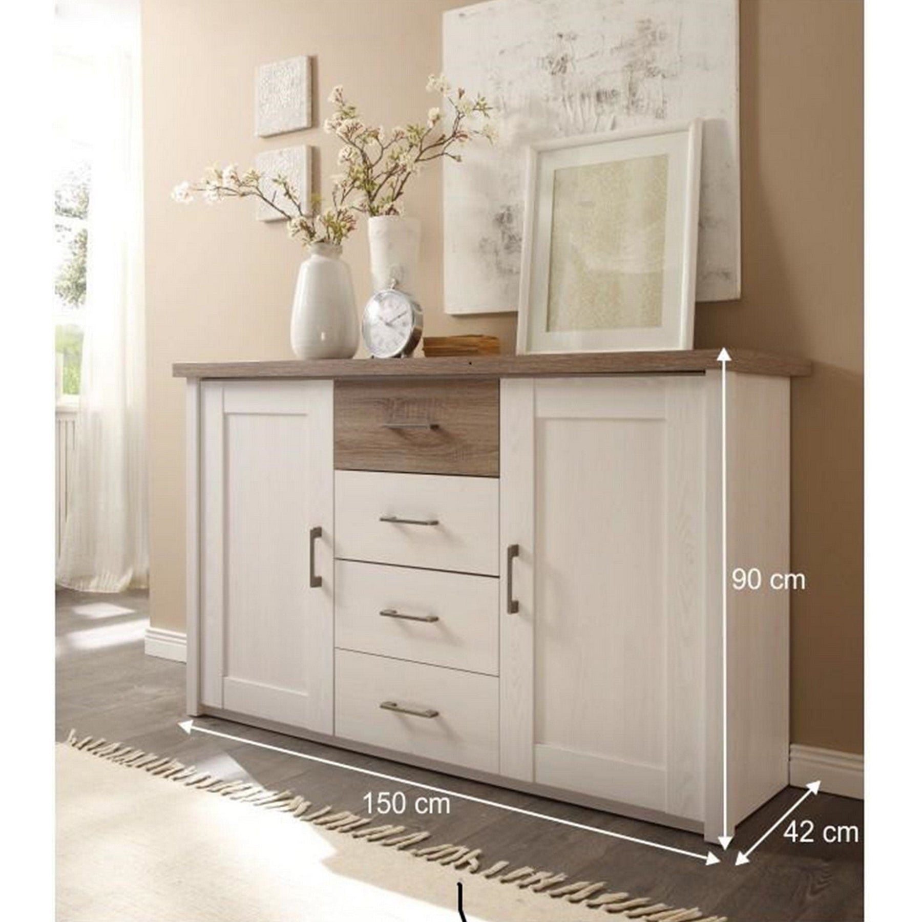Comoda LUMERA, DTD laminat, pin alb/stejar sonoma trufa, 150x42x90 cm