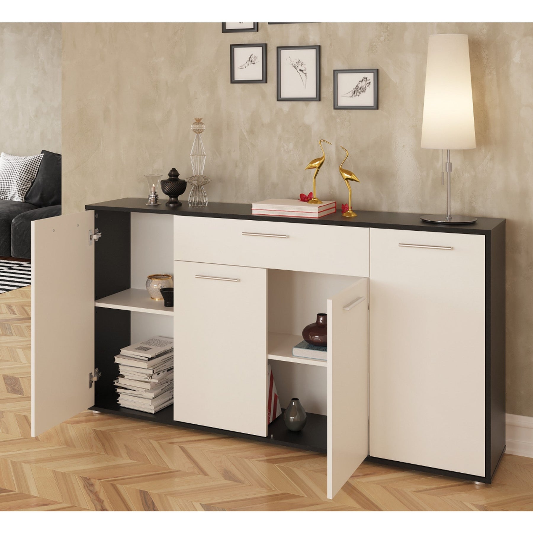 Comoda LUNIA, alb/negru, 163x33x86 cm