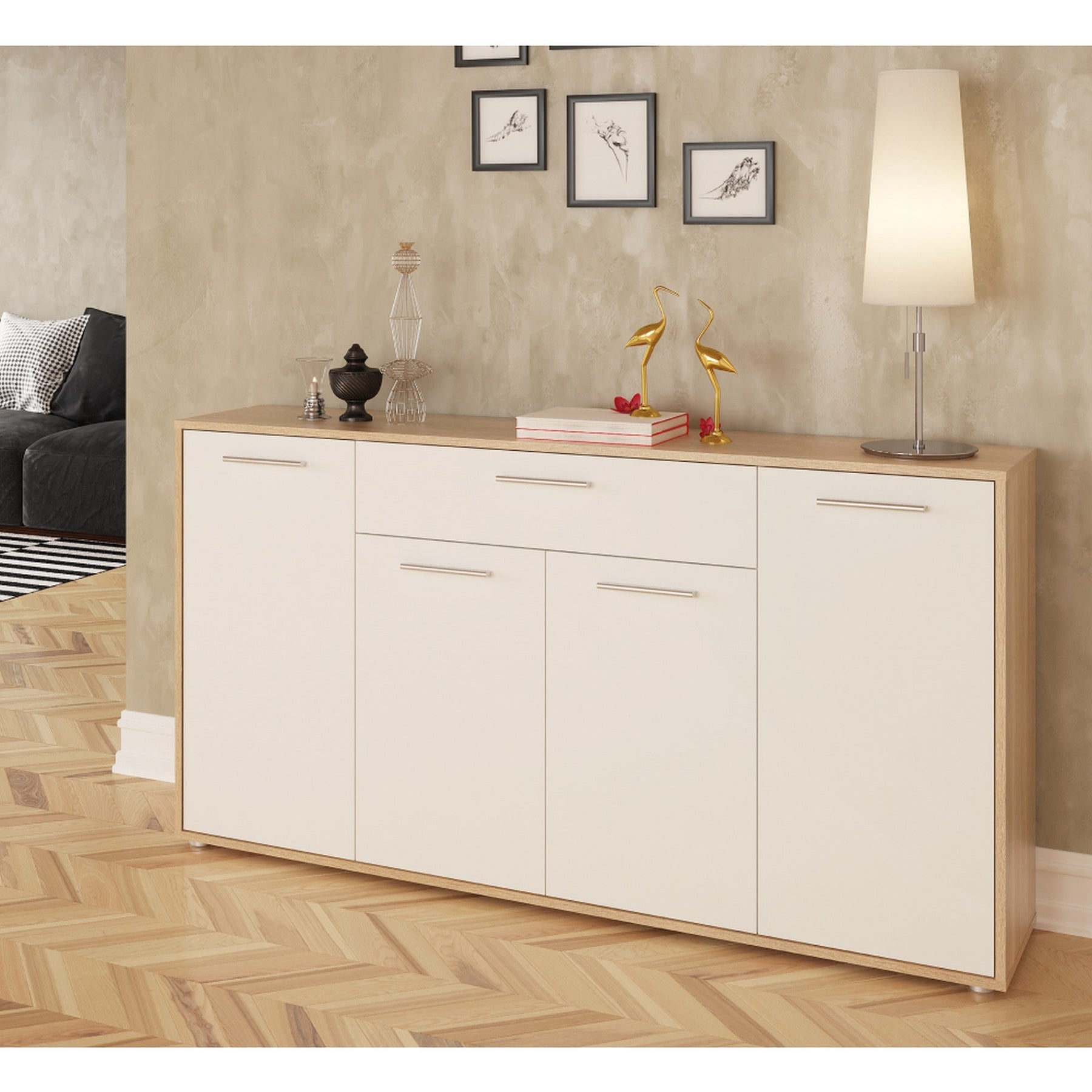 Comoda LUNIA, alb/stejar sonoma, 163x33x86 cm