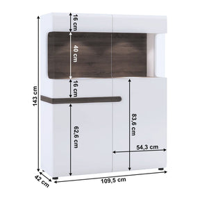 Vitrina living LYNATET TYP 33, PAL laminat si sticla, alb lucios HG/stejar sonoma închis, 3 usi si 1 sertar