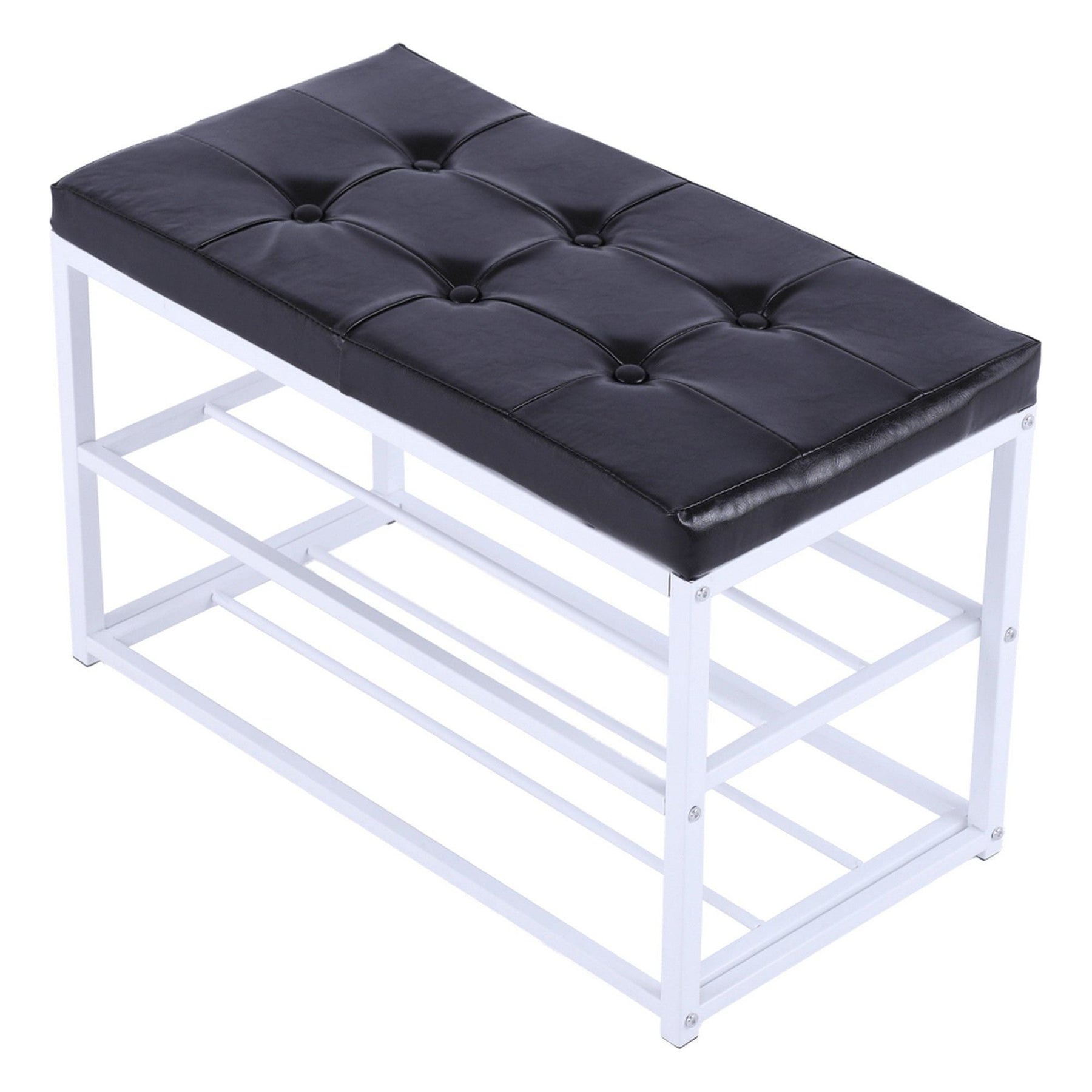 Bancuta LYROS, negru/alb, piele ecologica/metal, cu rafturi pantofi, 70x35x45 cm