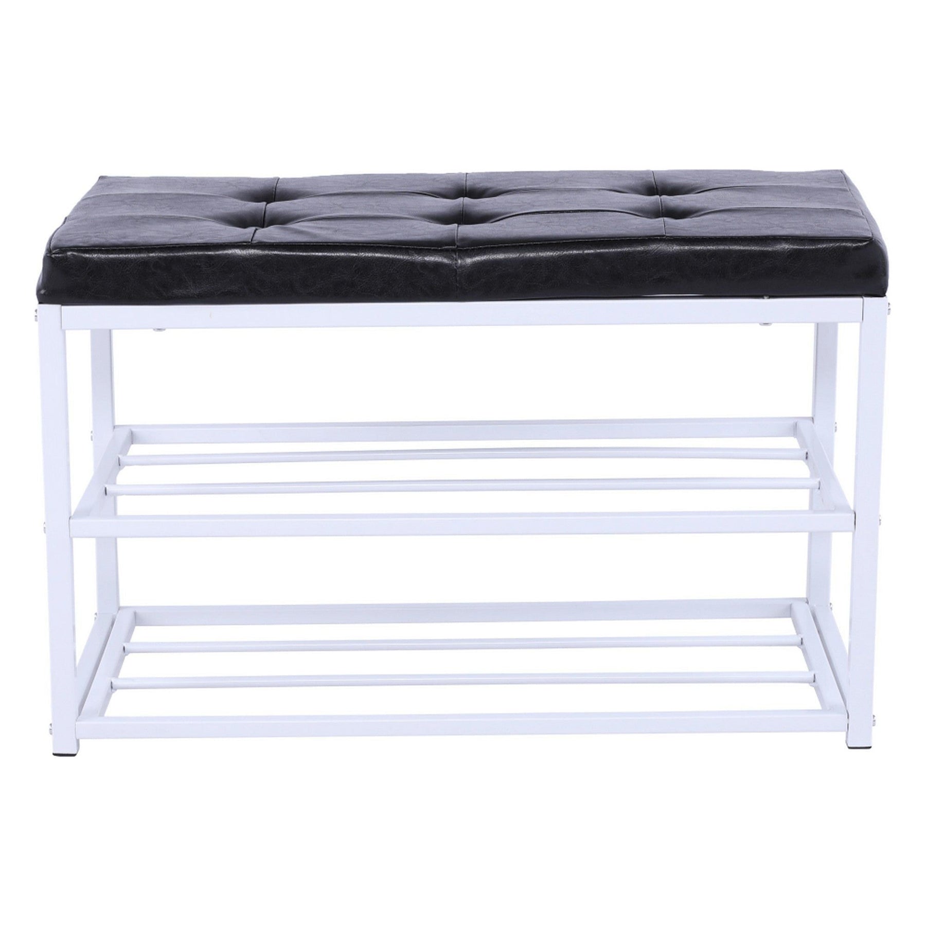 Bancuta LYROS, negru/alb, piele ecologica/metal, cu rafturi pantofi, 70x35x45 cm