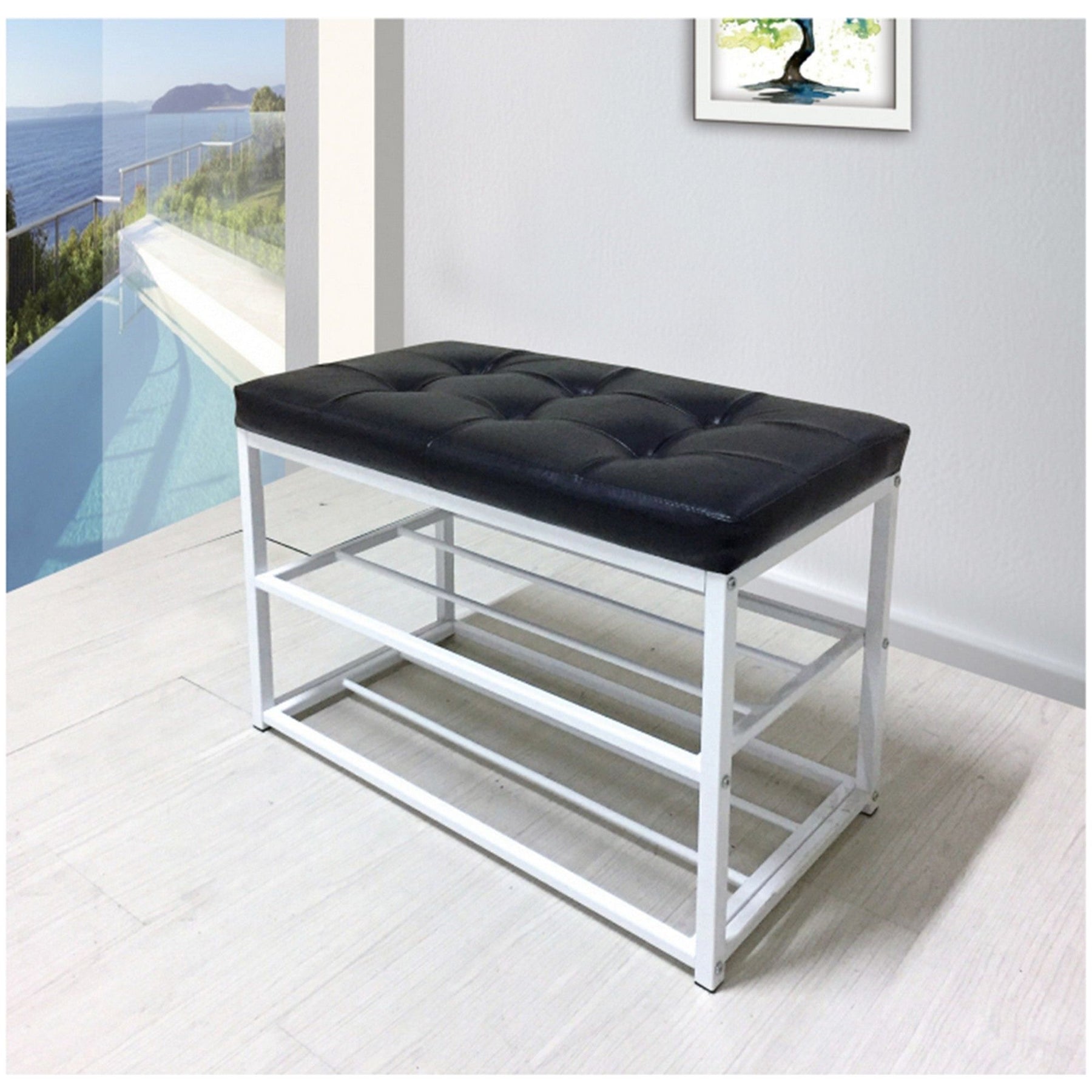 Bancuta LYROS, negru/alb, piele ecologica/metal, cu rafturi pantofi, 70x35x45 cm