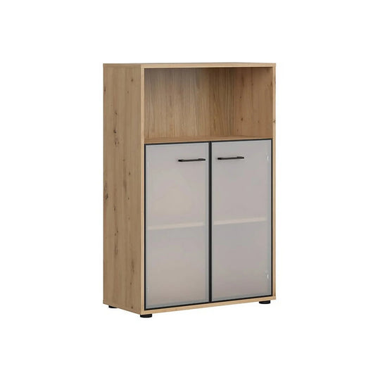 Vitrina SPACE OFFICE, stejar artisan/negru fumuriu, PAL laminat/sticla, cu 2 usi, 80x38x122 cm