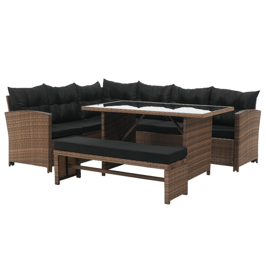 Set mobilier gradina MADUL, maro/negru, ratan sintetic/tesatura/metal/sticla temperata