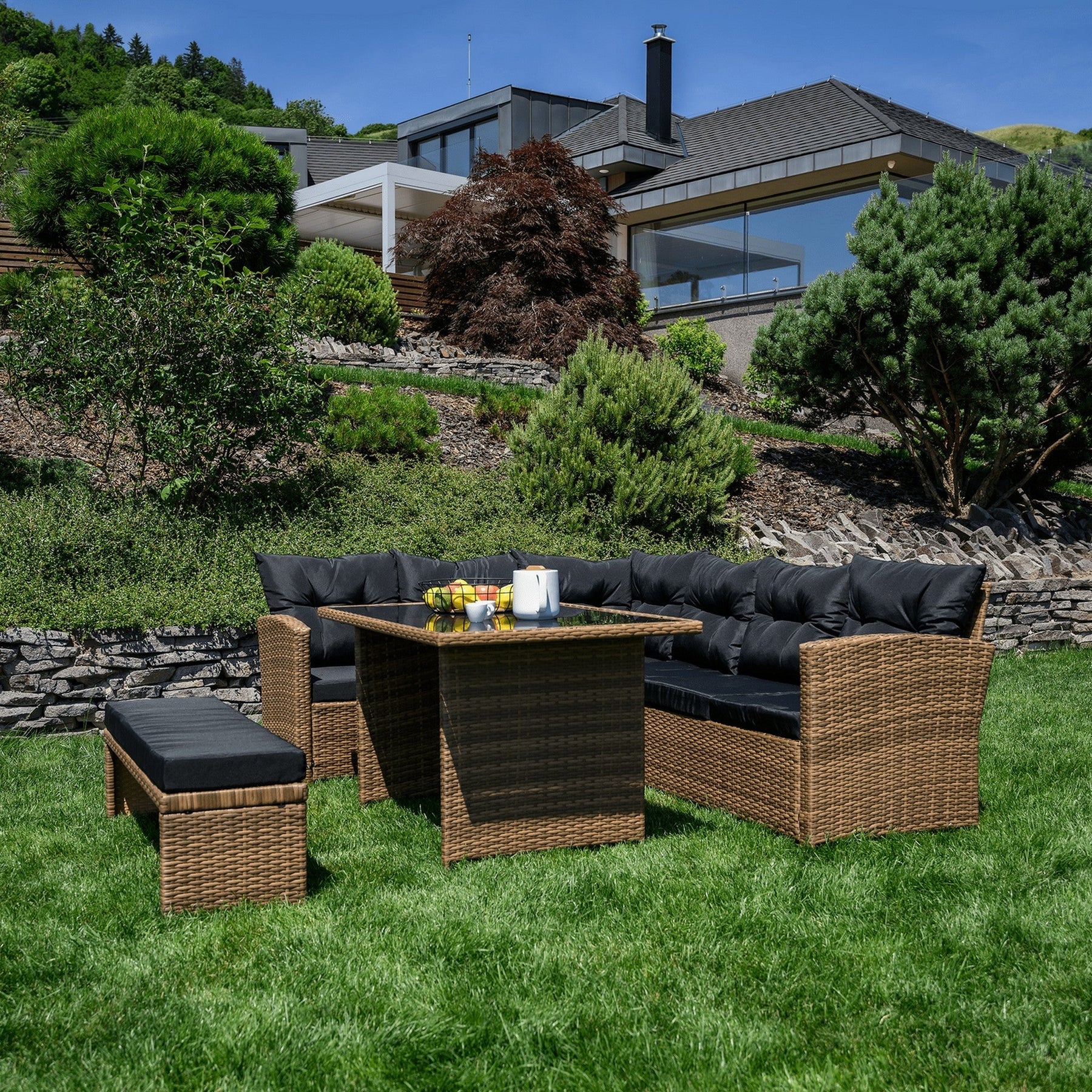 Set mobilier gradina MADUL, maro/negru, ratan sintetic/tesatura/metal/sticla temperata