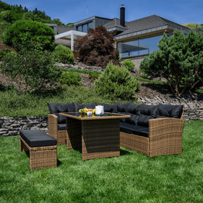 Set mobilier gradina MADUL, maro/negru, ratan sintetic/tesatura/metal/sticla temperata