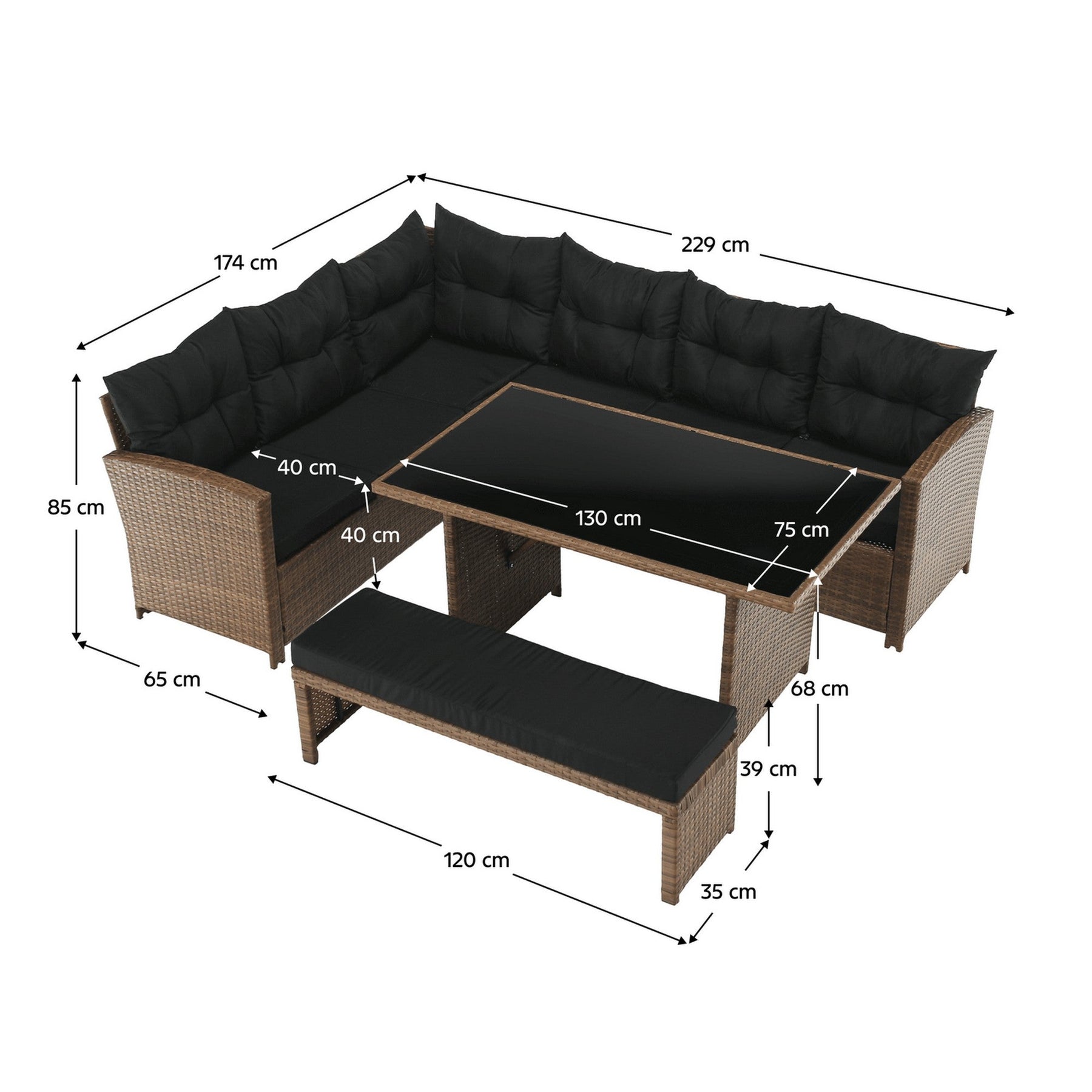 Set mobilier gradina MADUL, maro/negru, ratan sintetic/tesatura/metal/sticla temperata