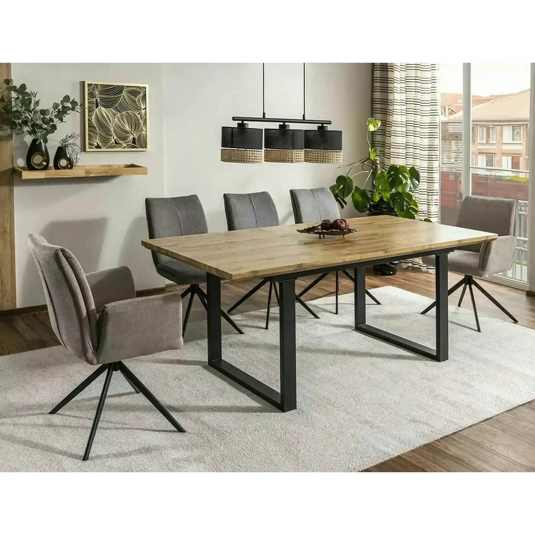 Masa bucatarie 8 persoane UMBERTO II, MDF/furnir/metal, stejar/negru, 160-240×90×76 cm