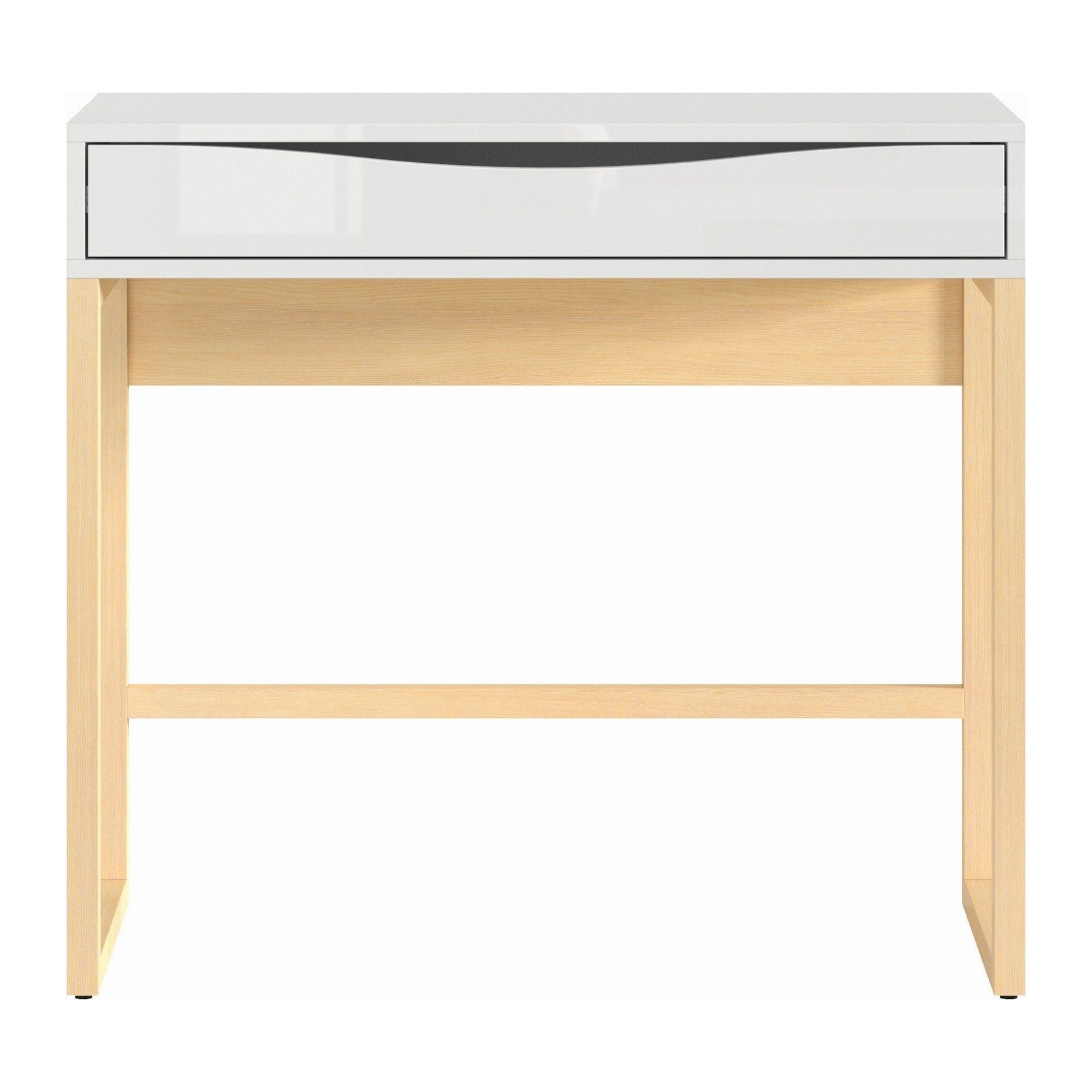 Masa de toaleta PORI, alb lucios/stejar nagaro, lemn/furnir de pin/PVC, cu oglinda, 85x40x78/93 cm