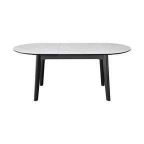 Masa extensibila ARES, ceramica/MDF/metal, alb mat cu efect de marmura/negru, 120-150×85×76 cm