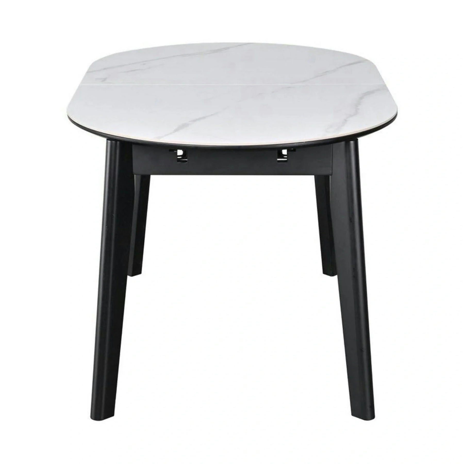 Masa extensibila ARES, ceramica/MDF/metal, alb mat cu efect de marmura/negru, 120-150×85×76 cm