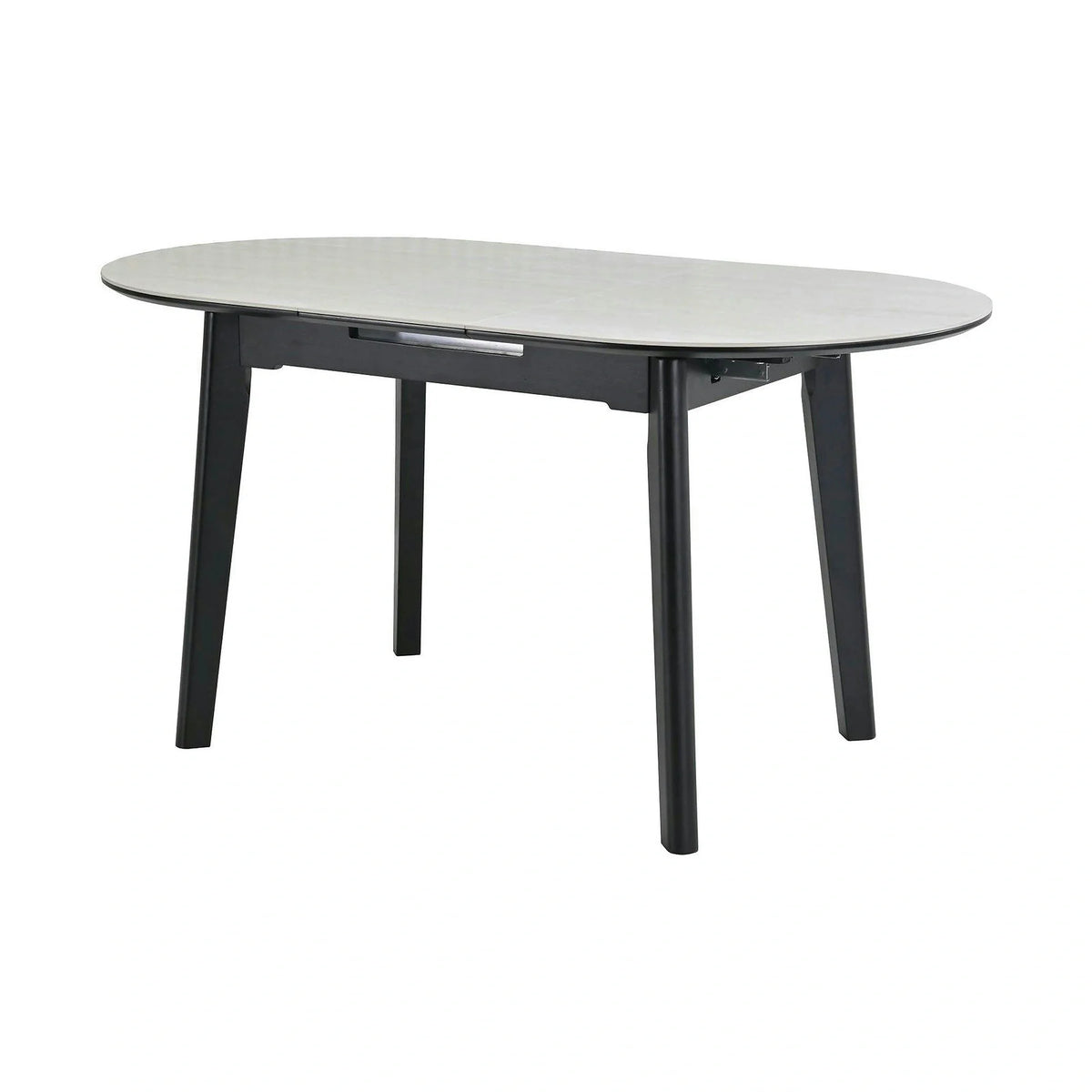 Masa extensibila ARES, bej cu efect de piatra travertin/negru, ceramica/metal, 120/150x85x76 cm