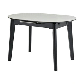 Masa extensibila ARES, ceramica/MDF/metal, bej mat cu efect de piatră travertin/negru, 120-150×85×76 cm