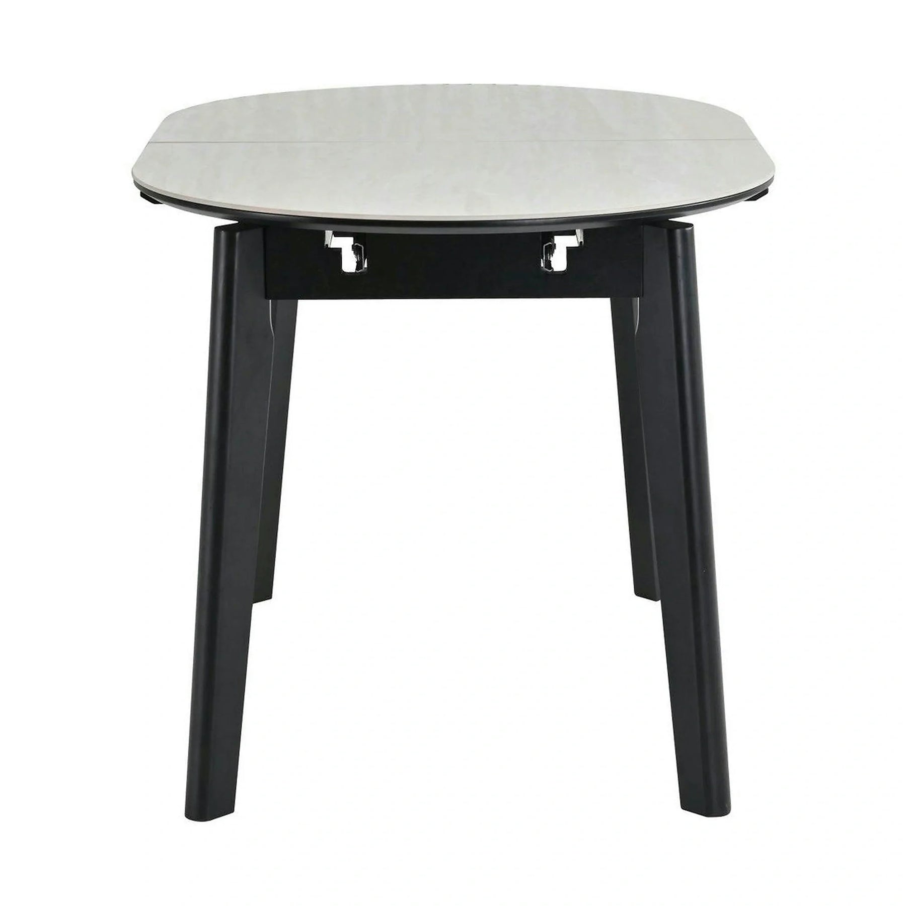 Masa extensibila ARES, ceramica/MDF/metal, bej mat cu efect de piatră travertin/negru, 120-150×85×76 cm