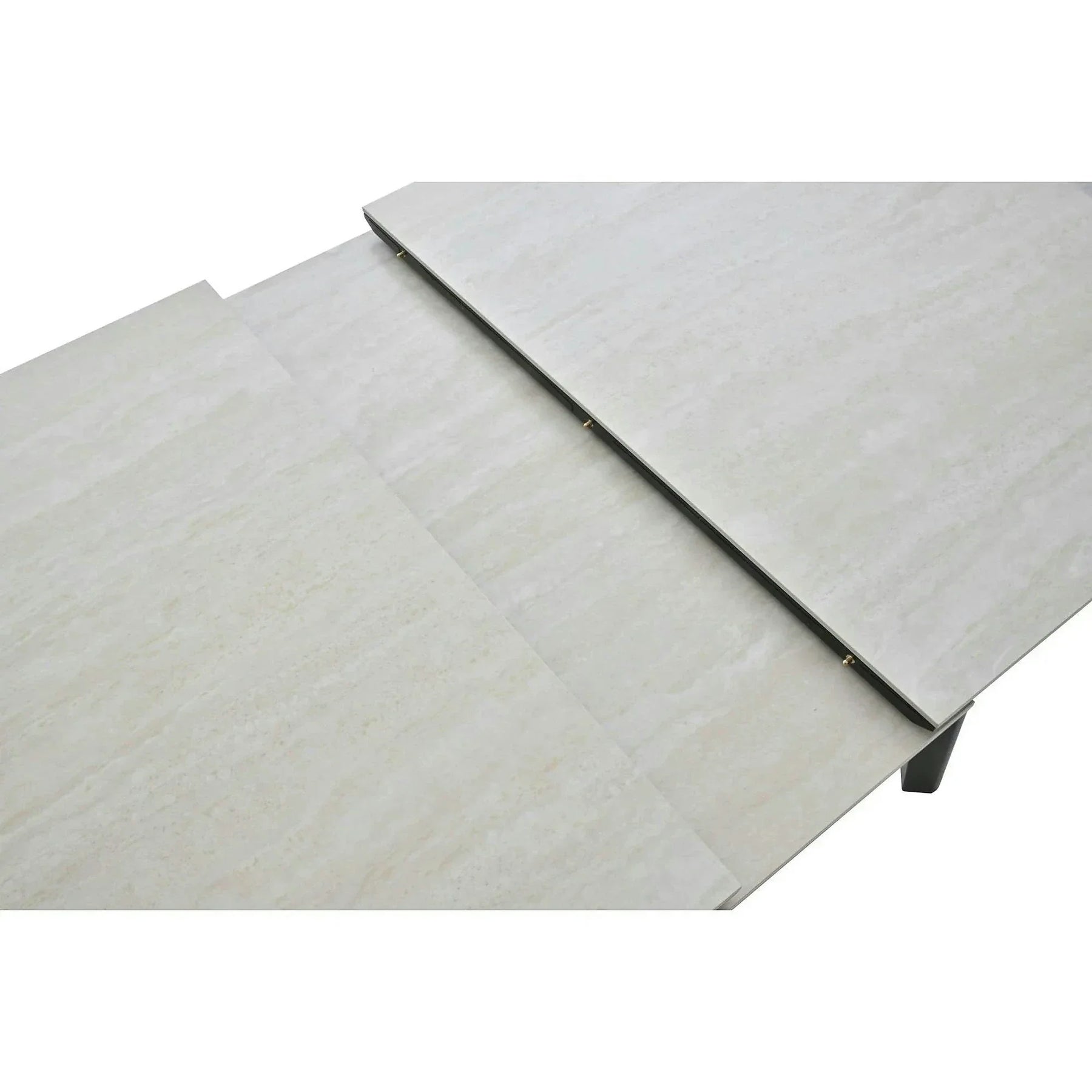Masa extensibila ARES, ceramica/MDF/metal, bej mat cu efect de piatră travertin/negru, 120-150×85×76 cm