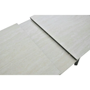 Masa extensibila ARES, ceramica/MDF/metal, bej mat cu efect de piatră travertin/negru, 120-150×85×76 cm