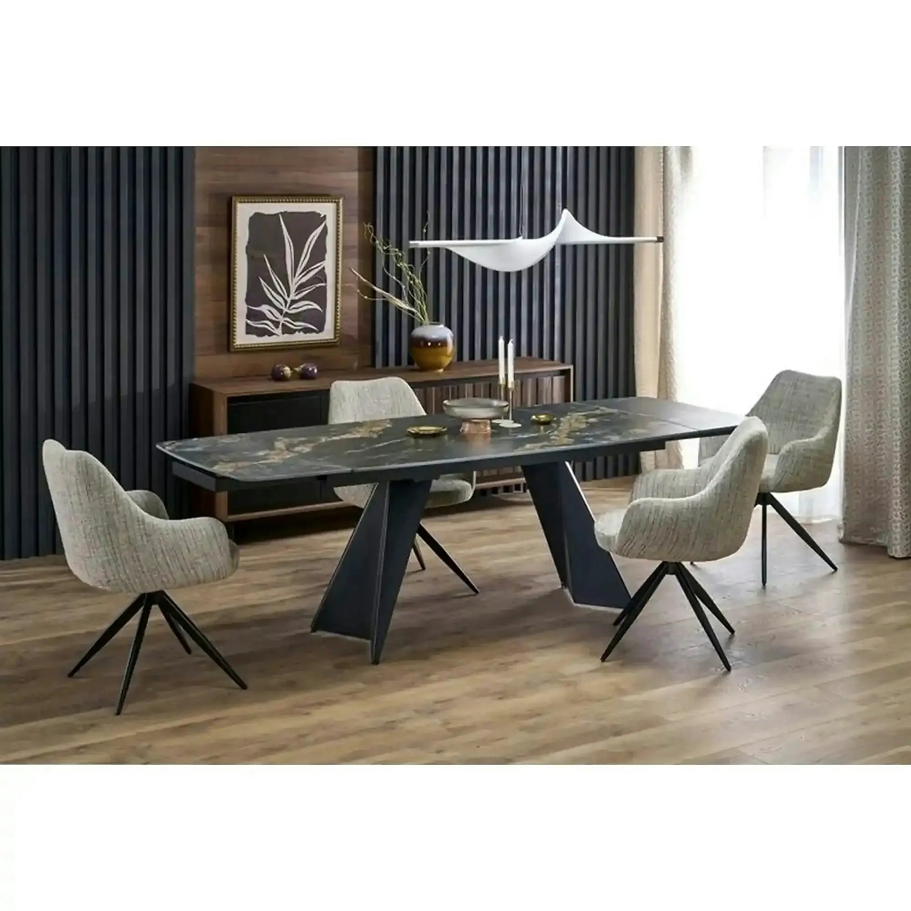 Masa extensibila ARMANI, negru cu efect de marmura/negru, piatra sinterizata/otel, 165-241x90x77 cm