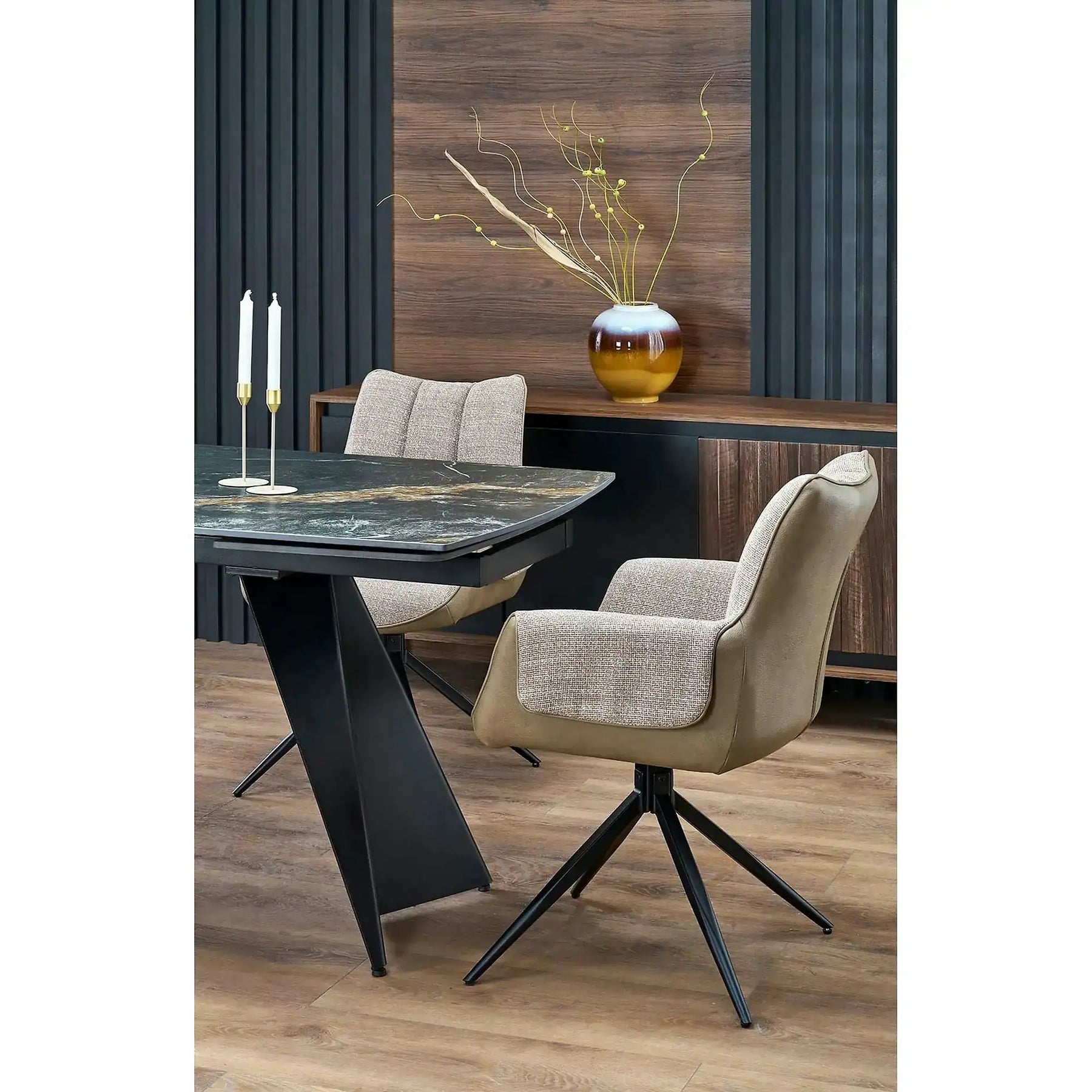 Masa extensibila ARMANI, negru cu efect de marmura/negru, piatra sinterizata/otel, 165-241x90x77 cm