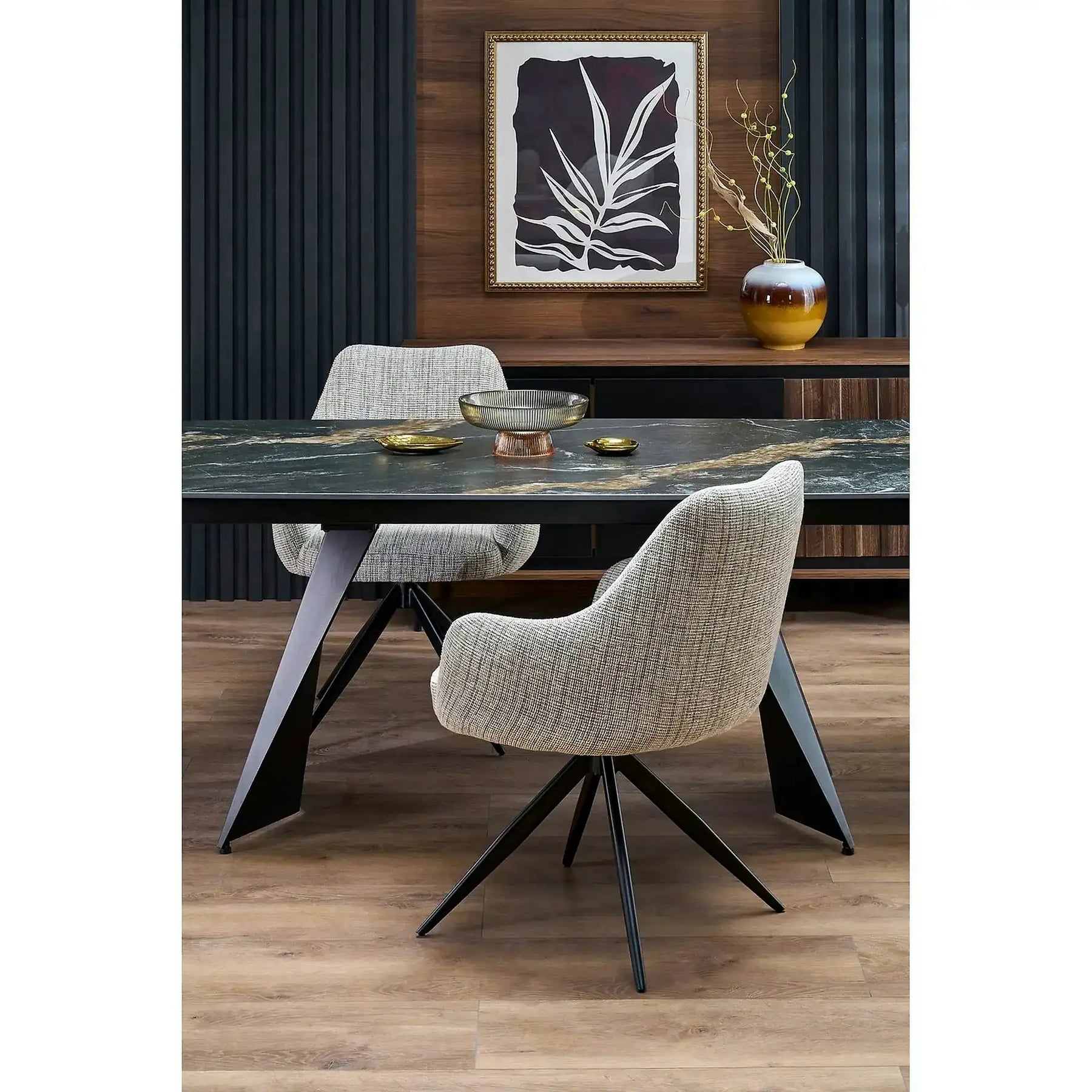 Masa extensibila ARMANI, negru cu efect de marmura/negru, piatra sinterizata/otel, 165-241x90x77 cm