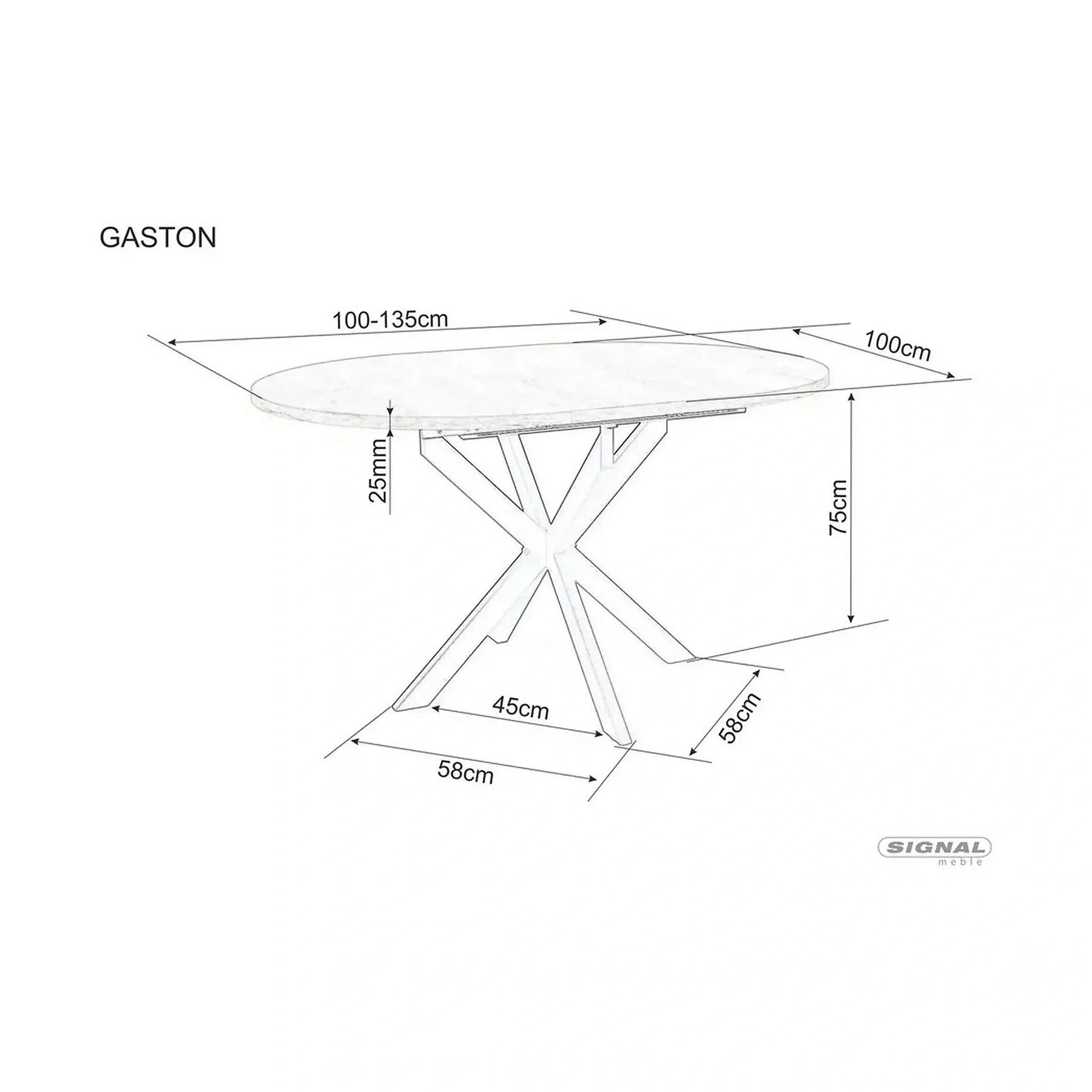 Masa extensibila GASTON, ceramica/metal, gri mat cu efect de marmura/negru mat, 100-135×100×76 cm