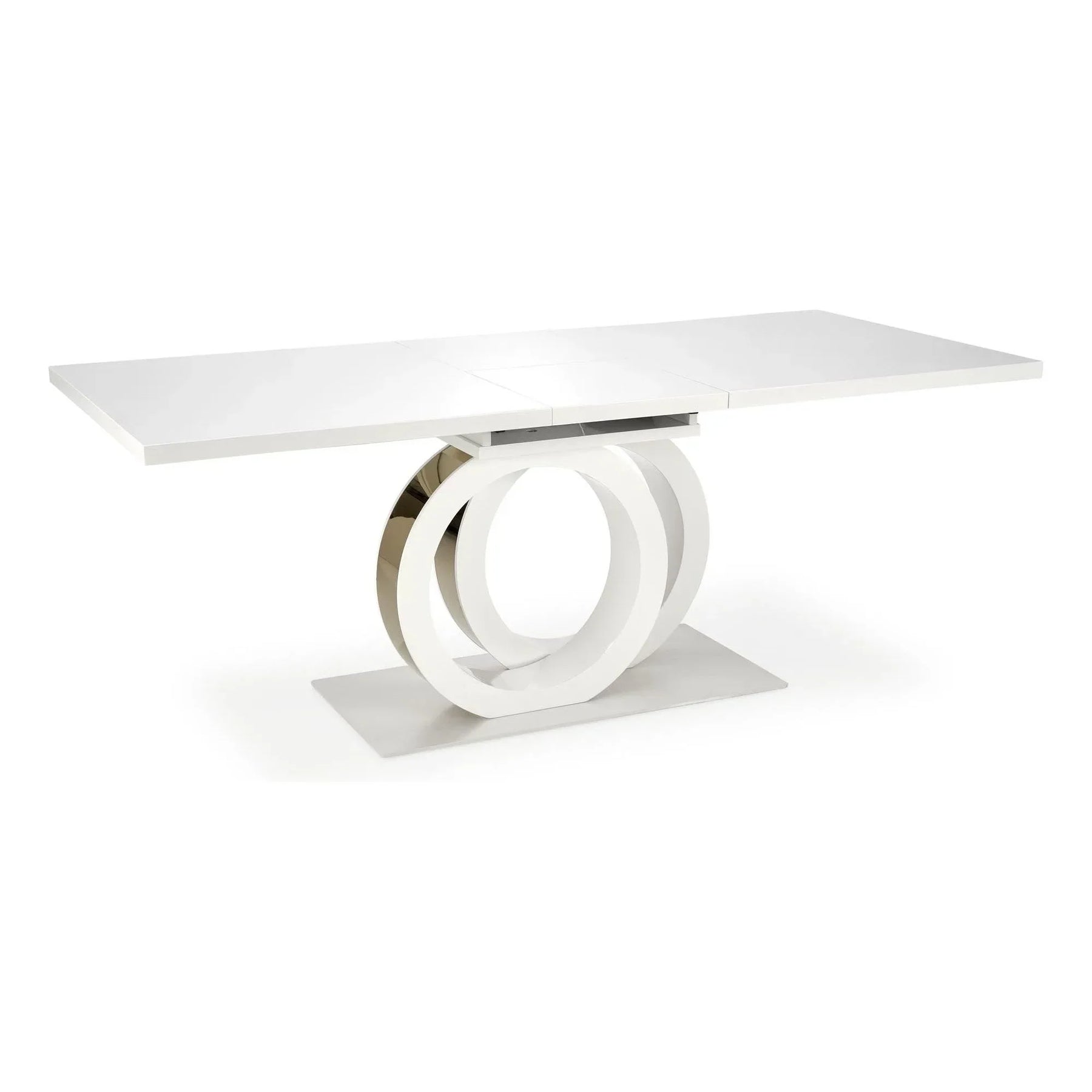 Masă extensibilă alb lucios cu detalii aurii, ideală pentru un living modern – primabucata