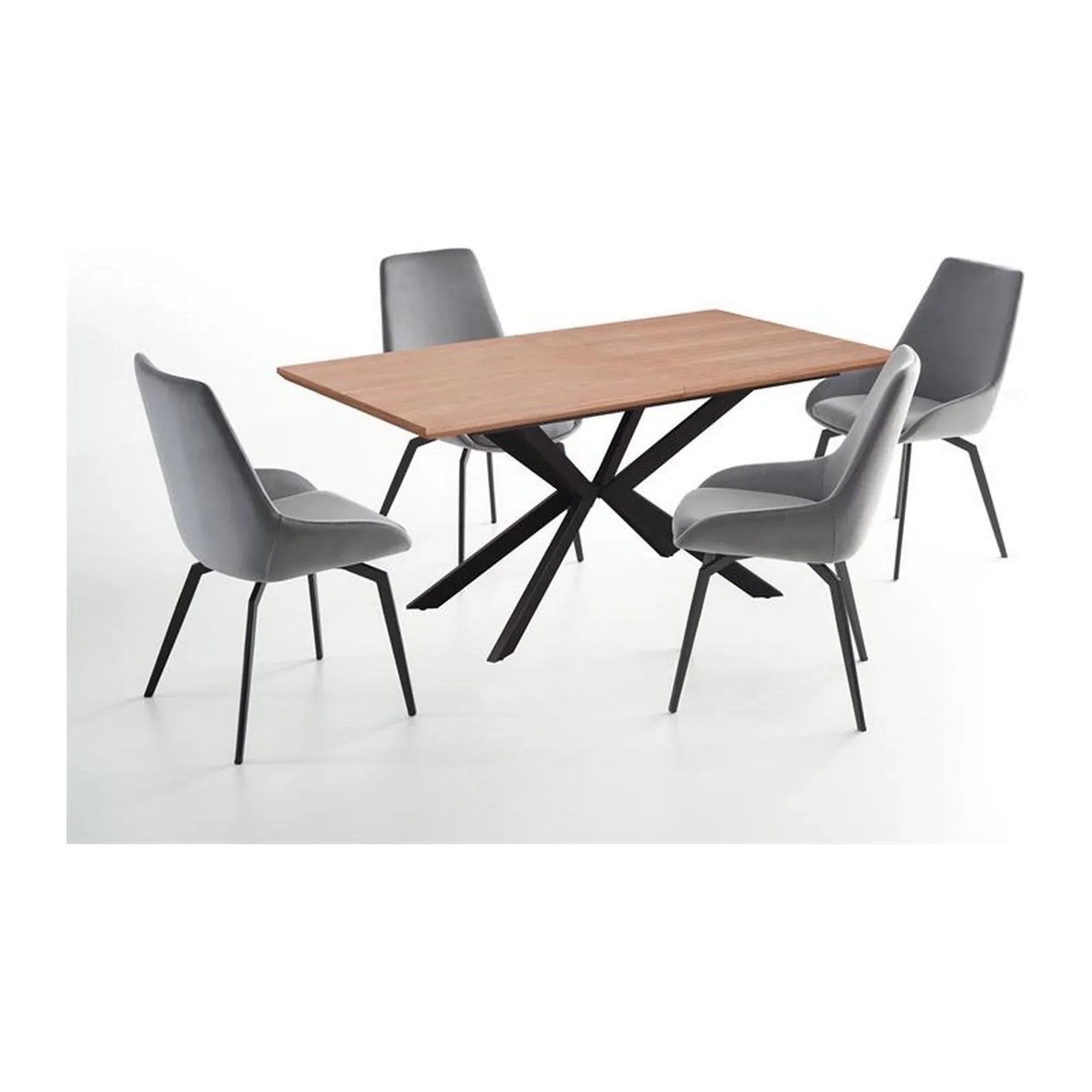 Masa extensibilă stejar/negru, modernă, alături de scaune elegante – primabucata